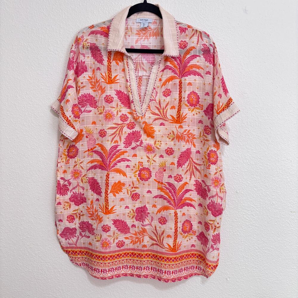 Haute Hippie Floral Gauzy 100% Cotton Tunic Top Pink Boho Resort Size L